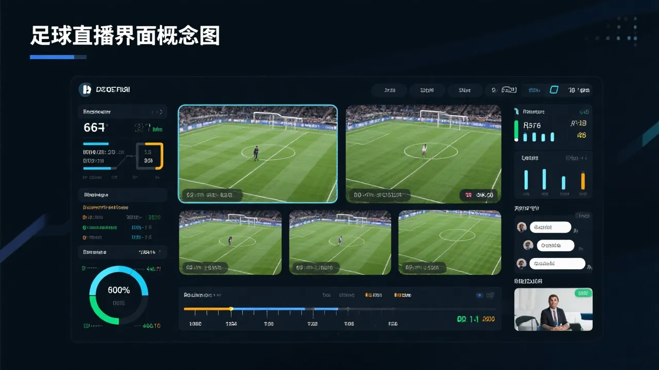 足球比赛直播界面概念图：多机位缩略窗、实时数据面板、聊天室并行显示